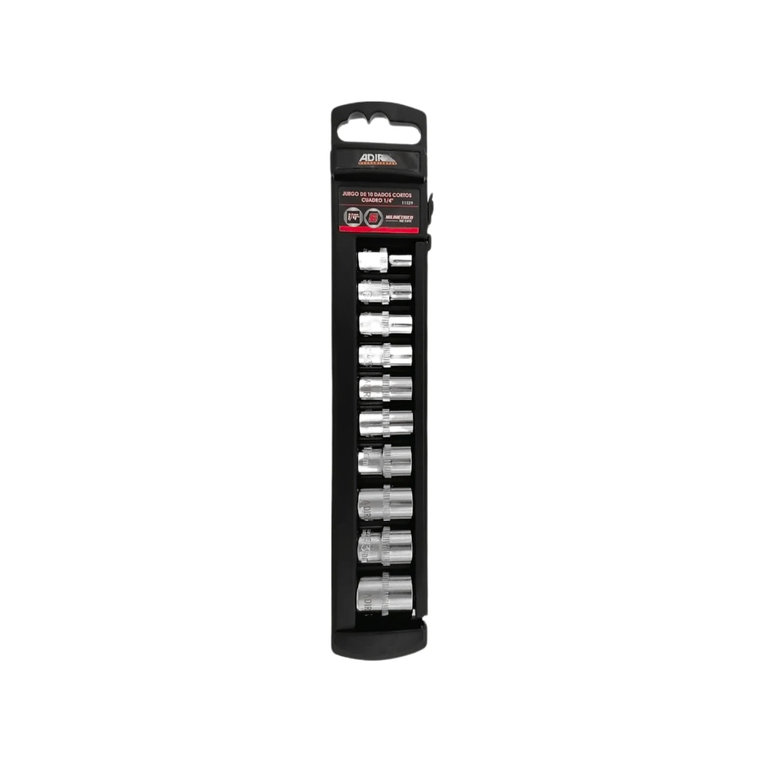 Juego de 10 dados cortos Adir milimétricos cuadro 1/4" cromados para taller automotriz.