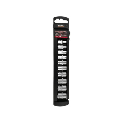 Juego de 10 dados cortos Adir milimétricos cuadro 1/4" cromados para taller automotriz.