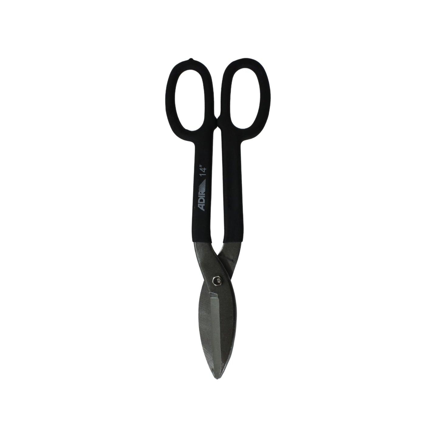 Tijera para hojalatero Adir 14" con mangos negros y cuchillas de acero para corte de lámina metálica.