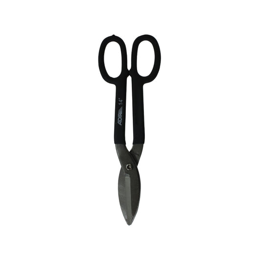 Tijera para hojalatero Adir 14" con mangos negros y cuchillas de acero para corte de lámina metálica.