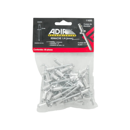 Remaches Adir 11820 de aluminio y acero, 1/4" (6mm) diámetro, agarre 1/4", 50 piezas