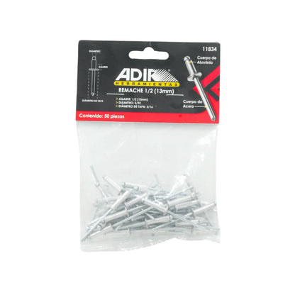 Remaches ciegos Adir 11834 de aluminio y acero, agarre 1/2 (13mm), 50 piezas para unión de láminas.