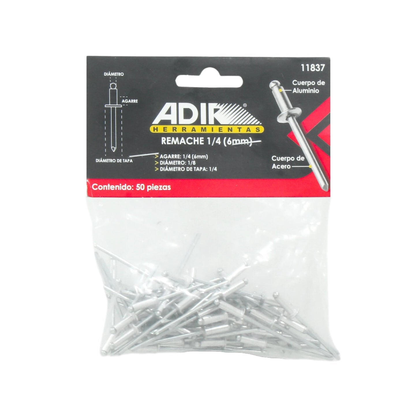 Remaches ciegos Adir 1/8" x 1/4" (6mm) de agarre, cuerpo de aluminio y vástago de acero, 50 piezas.