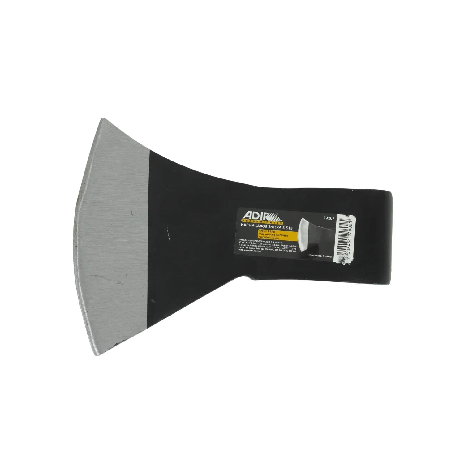 Acero SAE 1045,Forjado en acero al carbón.,Tratamiento térmico.,Hacha labor entera 3.5 libras.,Ojo ovalado 45-50 HRC,Longitud: 20 cm 