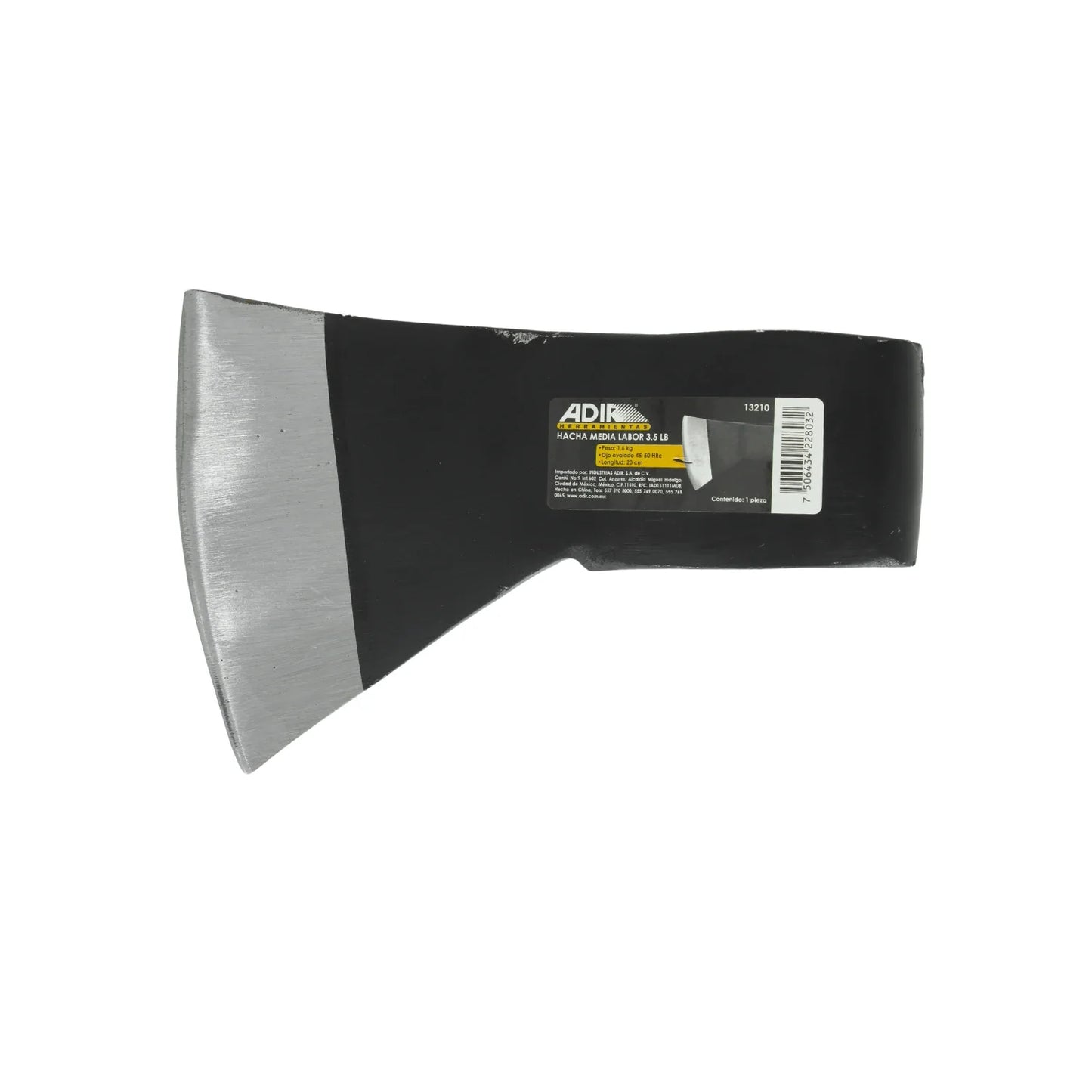 Acero SAE 1045,Forjado en acero al carbón.,Tratamiento térmico.,Hacha media labor 3.5 libras.,Ojo ovalado 45-50 HRC,Longitud: 20 cm