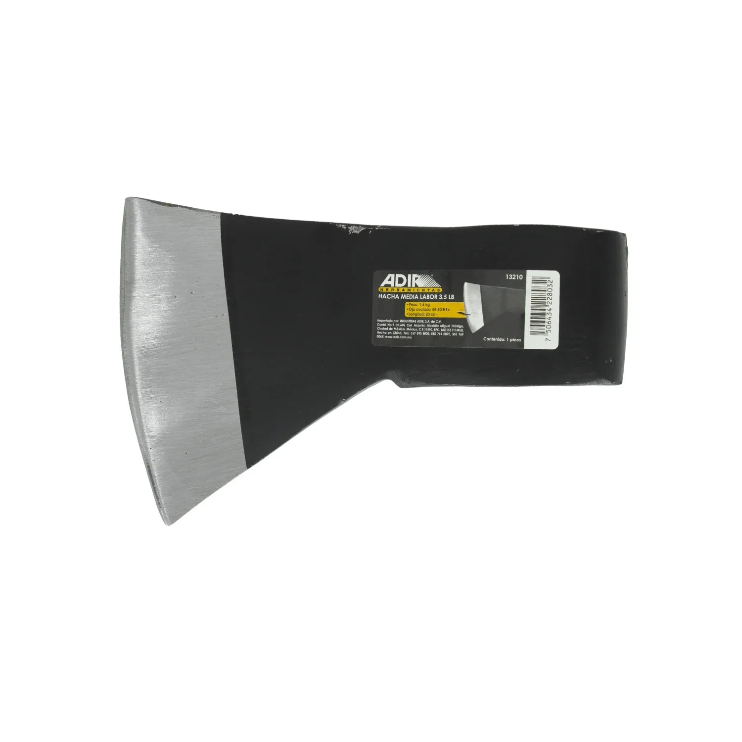 Acero SAE 1045,Forjado en acero al carbón.,Tratamiento térmico.,Hacha media labor 3.5 libras.,Ojo ovalado 45-50 HRC,Longitud: 20 cm