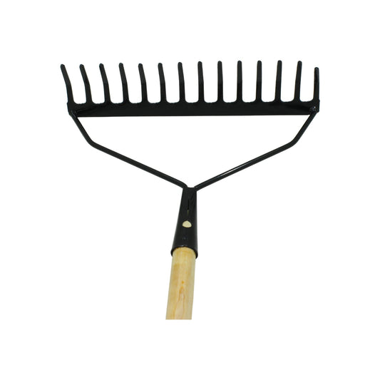 Rastrillo jardinero 14 dientes de metal negro con mango de madera para jardín