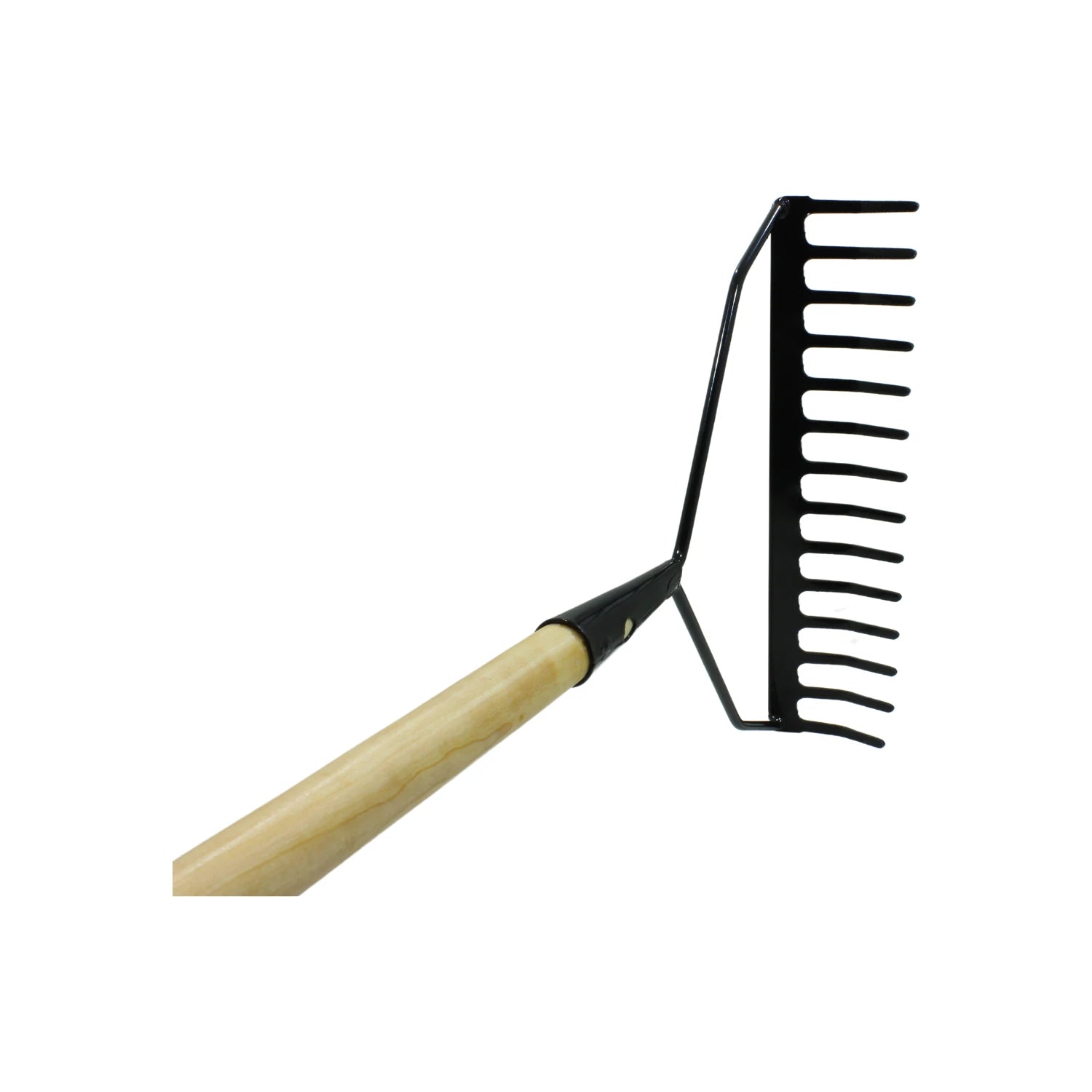 Rastrillo jardinero 14 dientes con cabeza de metal negro y mango de madera resistente