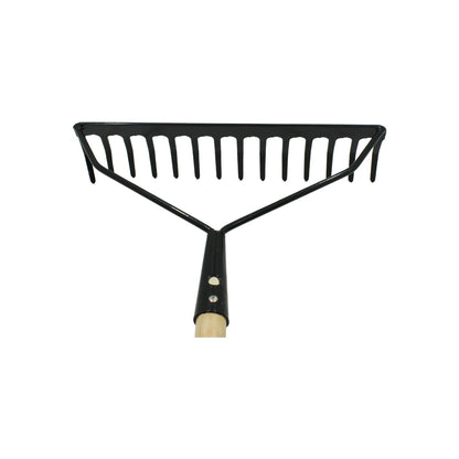Rastrillo jardinero Adir de 14 dientes, cabeza de metal negro y mango de madera