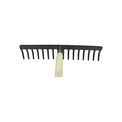 Rastrillo jardinero 16 dientes de metal negro con mango de madera para limpieza de hojas