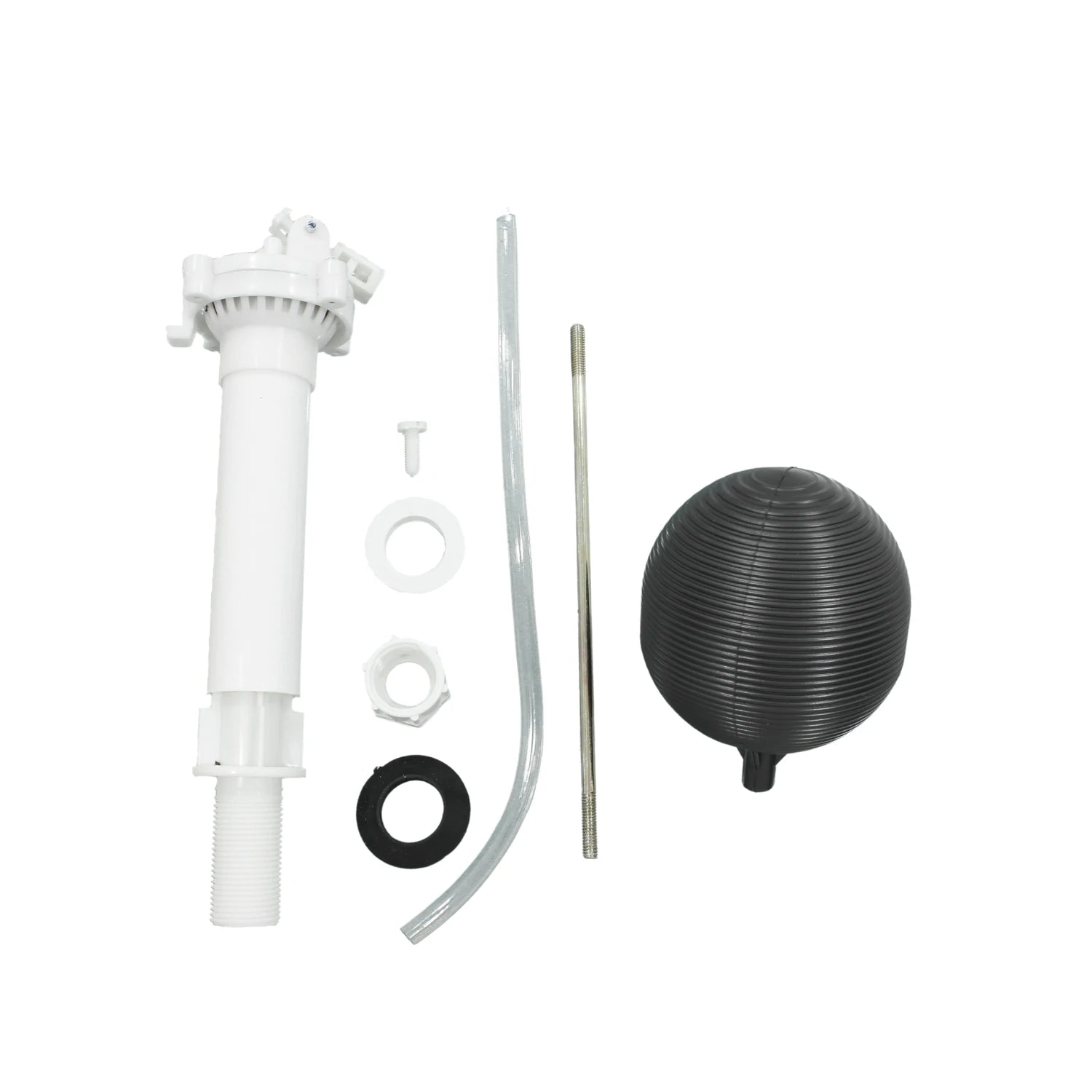 Kit de reparación de inodoro con válvula de llenado blanca, flotador de bola negro, tubo de recarga y empaques.