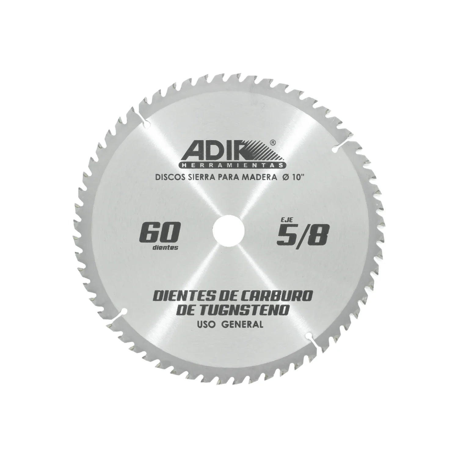 Disco sierra para madera.,Diámetro; 10” (25 cm),Eje de 5/8”,60 dientes.,Dientes de carburo de tungsteno.,Uso fino.