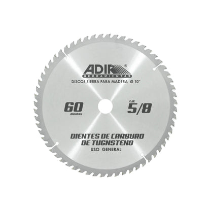 Disco sierra para madera.,Diámetro; 10” (25 cm),Eje de 5/8”,60 dientes.,Dientes de carburo de tungsteno.,Uso fino.