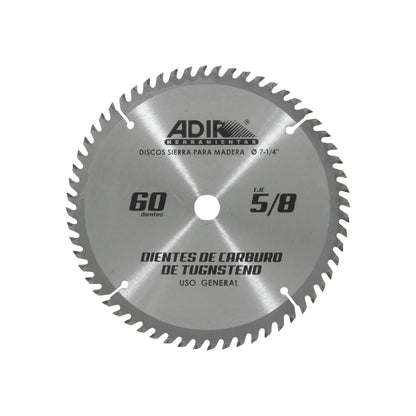 Disco sierra para madera.,Eje de 5/8”,60 dientes.,Dientes de carburo de tungsteno.