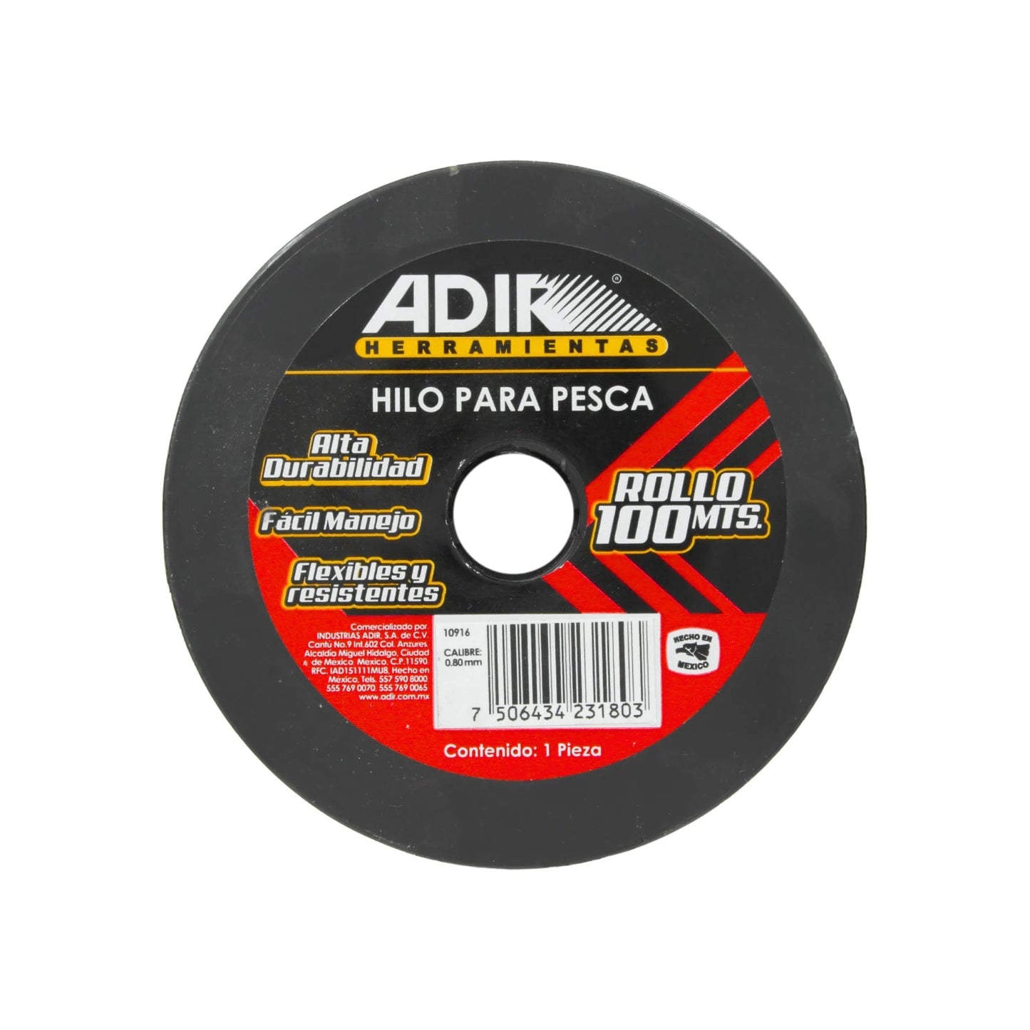 Hilo para pescar Adir de 0.80 mm x 100 metros, alta durabilidad, flexible y fácil manejo.
