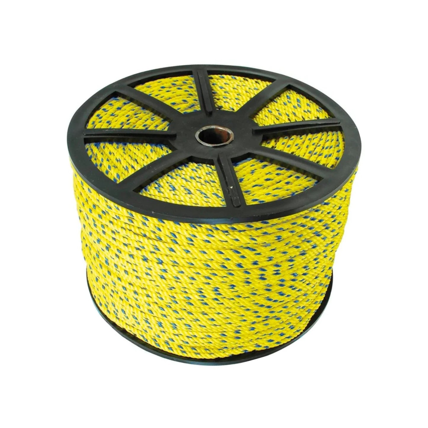 Cuerda de polipropileno 5/16" amarilla con azul en rollo, resistente para ferretería y amarre.