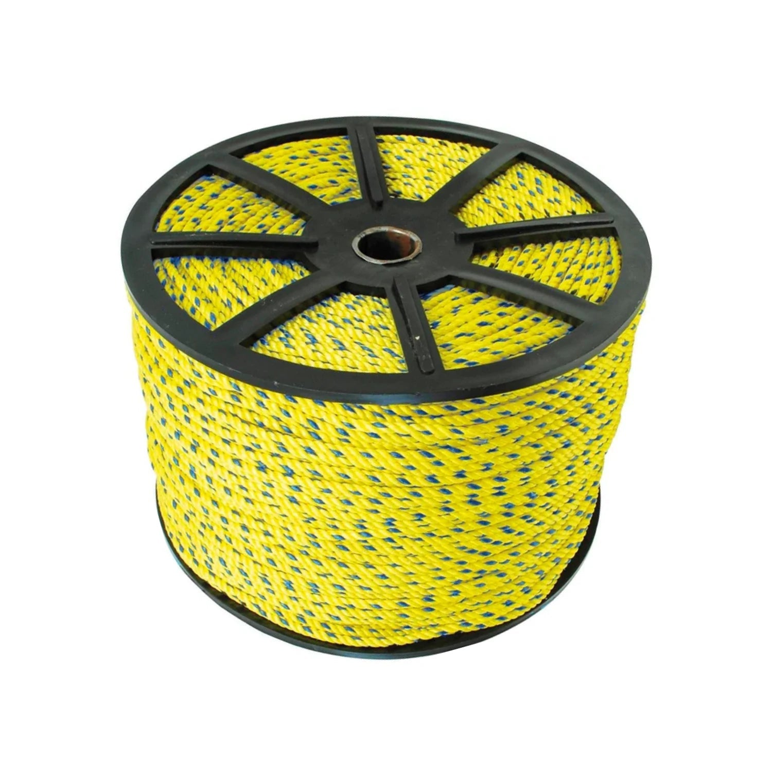 Cuerda de polipropileno 5/16" amarilla con azul en rollo, resistente para ferretería y amarre.