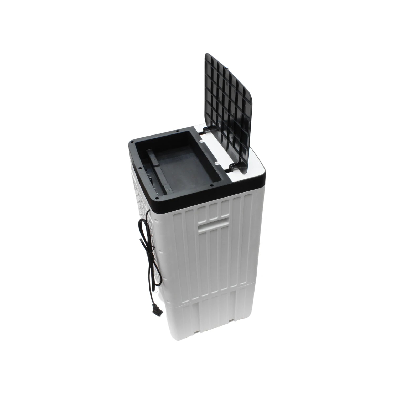 Climatizador de aire 3 en 1 compacto, blanco y negro, con rejilla superior abierta para ventilación