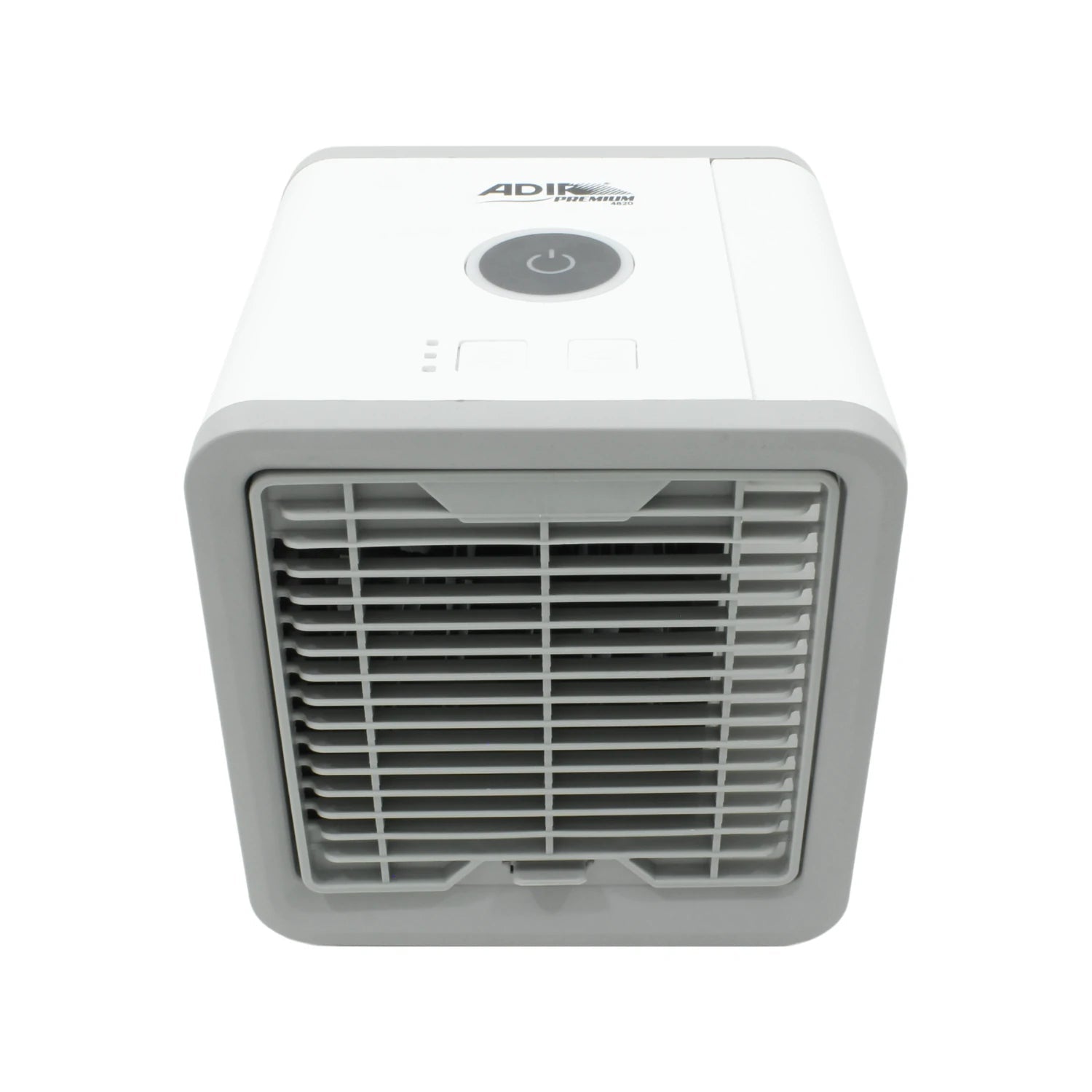 Enfriador de aire mini portátil Adir 4820 blanco y gris con rejilla de ventilación frontal.