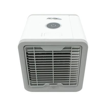 Enfriador de aire mini portátil Adir 4820 blanco y gris con rejilla de ventilación frontal.