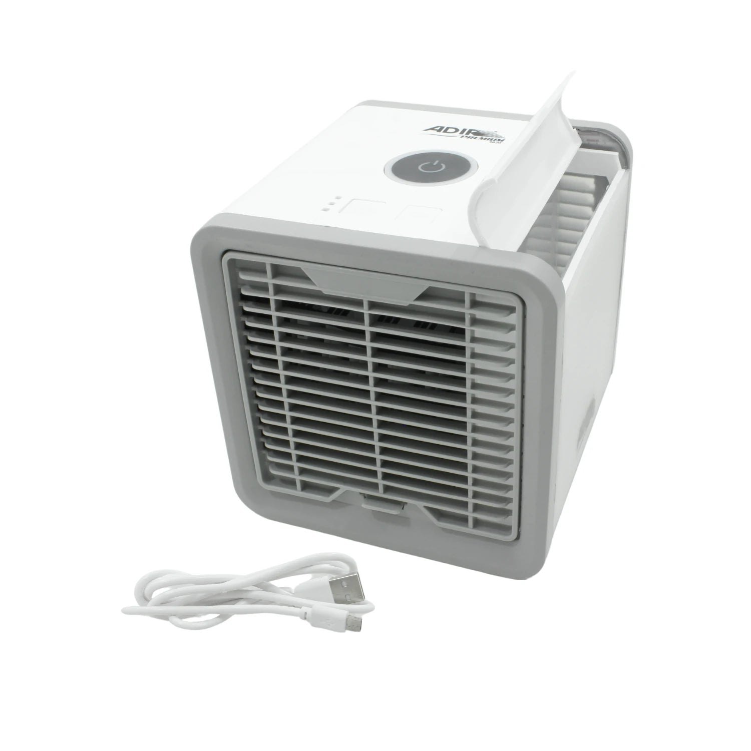 Enfriador de aire personal Adir 3 en 1 blanco/gris, mini ventilador y humidificador portátil con cable USB.