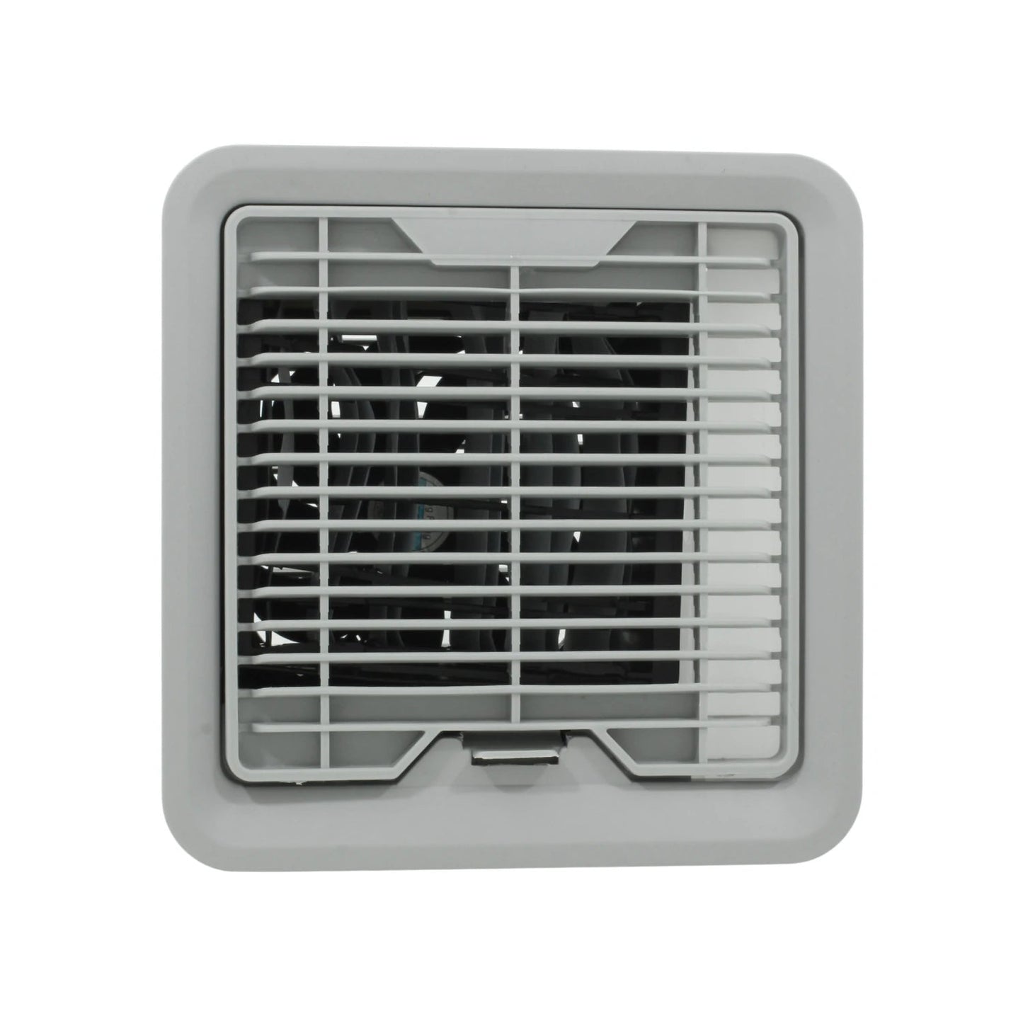 Extractor de aire cuadrado gris con rejilla, ideal para ventilación en espacios pequeños