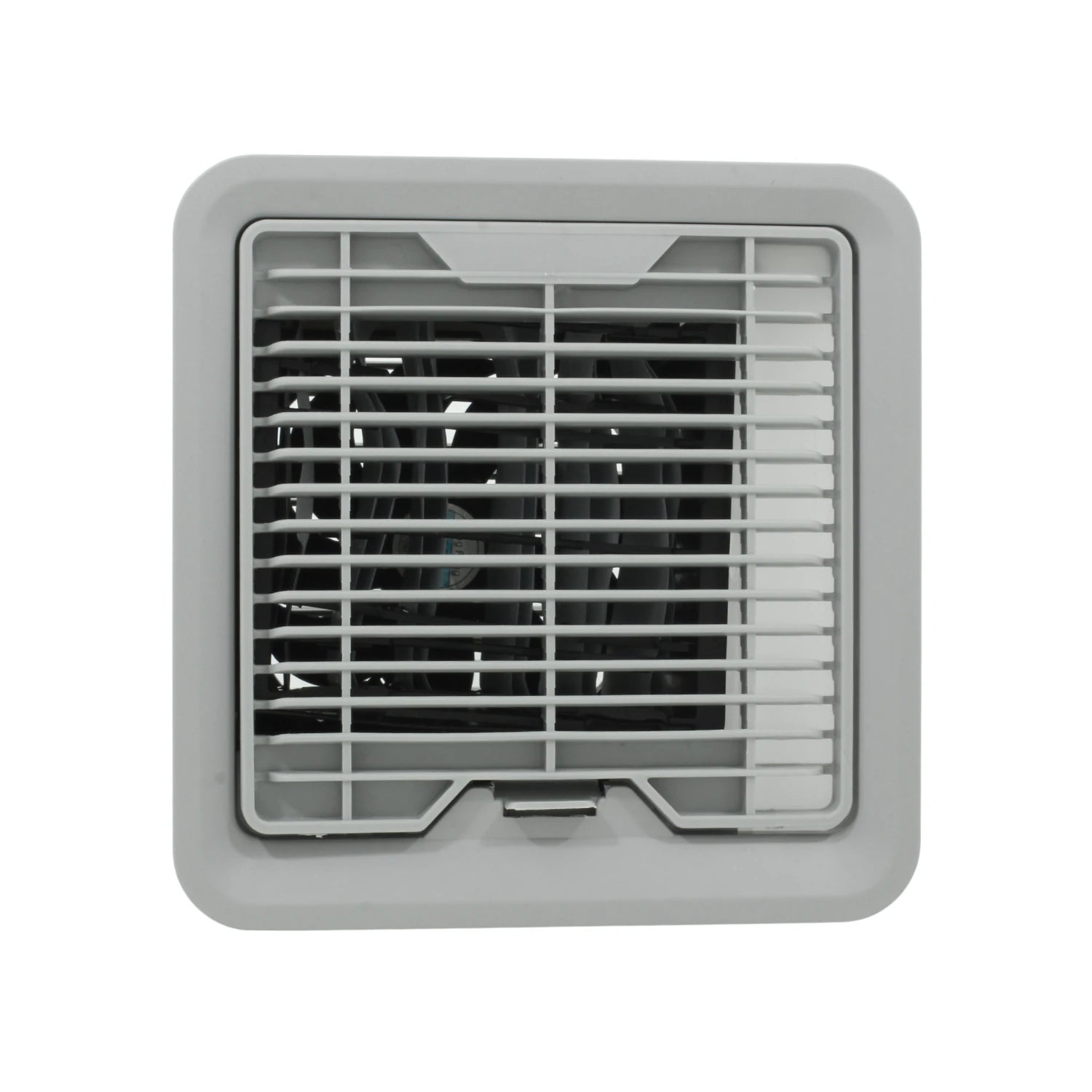 Extractor de aire cuadrado gris con rejilla, ideal para ventilación en espacios pequeños