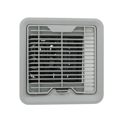 Extractor de aire cuadrado gris con rejilla, ideal para ventilación en espacios pequeños