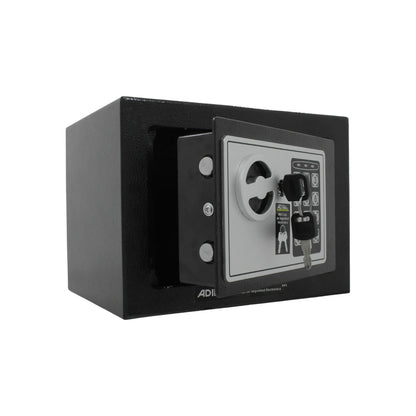 Caja de seguridad electrónica Adir 341 negra, con cerradura digital y llaves, ideal para proteger valores.