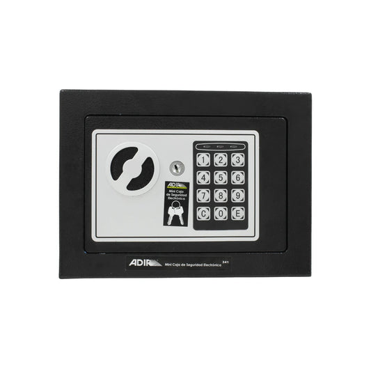 Mini caja de seguridad electrónica Adir 341 negra, con teclado digital y llave de emergencia.