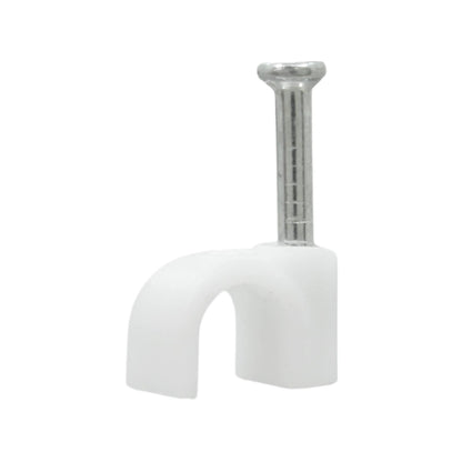 Grapa para cable curva blanca con clavo metálico, sujetacables de plástico para fijación de cableado eléctrico