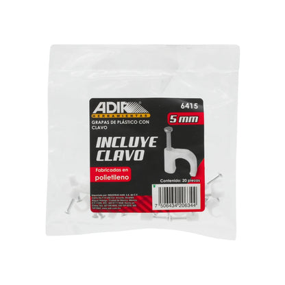 Grapas curvas de plástico Adir 5mm blancas con clavo para sujeción de cables, paquete de 20 piezas.
