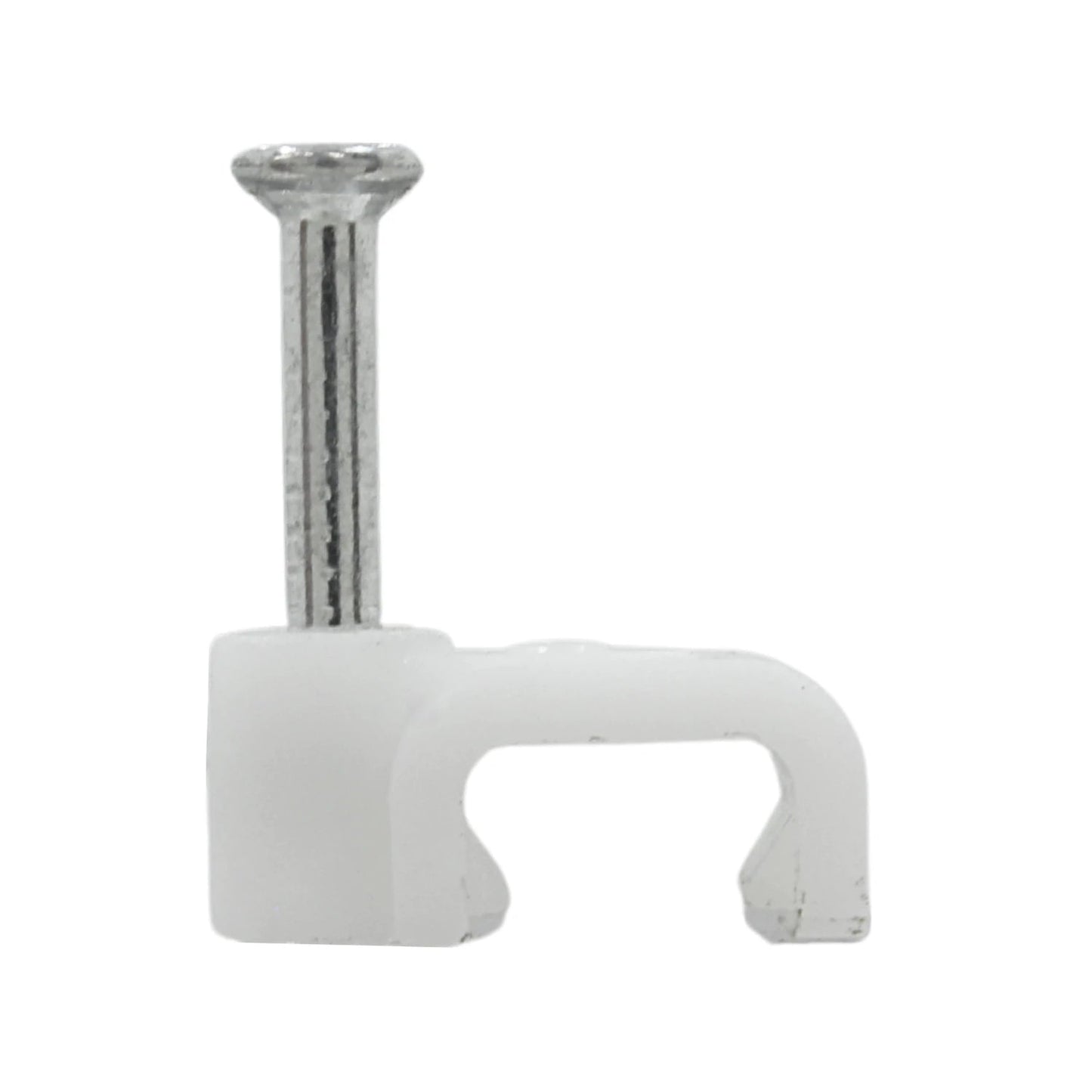 Grapa recta blanca de 5mm con clavo para sujetar y organizar cables eléctricos