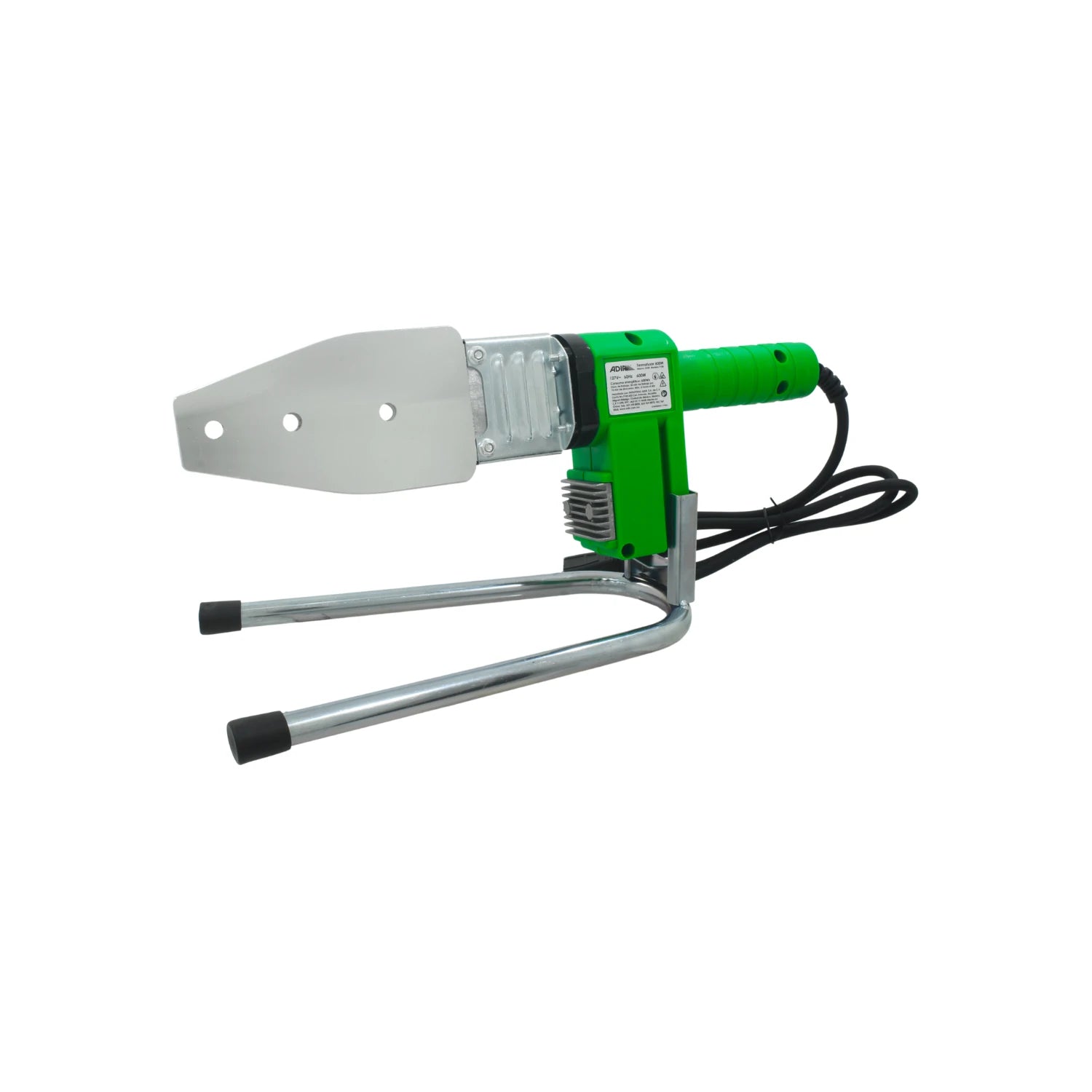 Termofusora verde Adir 600W para soldadura de tuberías PPR con soporte metálico.
