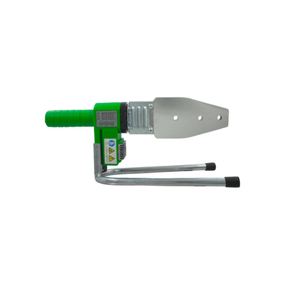 Termofusora de tuberías PPR verde con pantalla digital y soporte, ideal para instalaciones de fontanería.