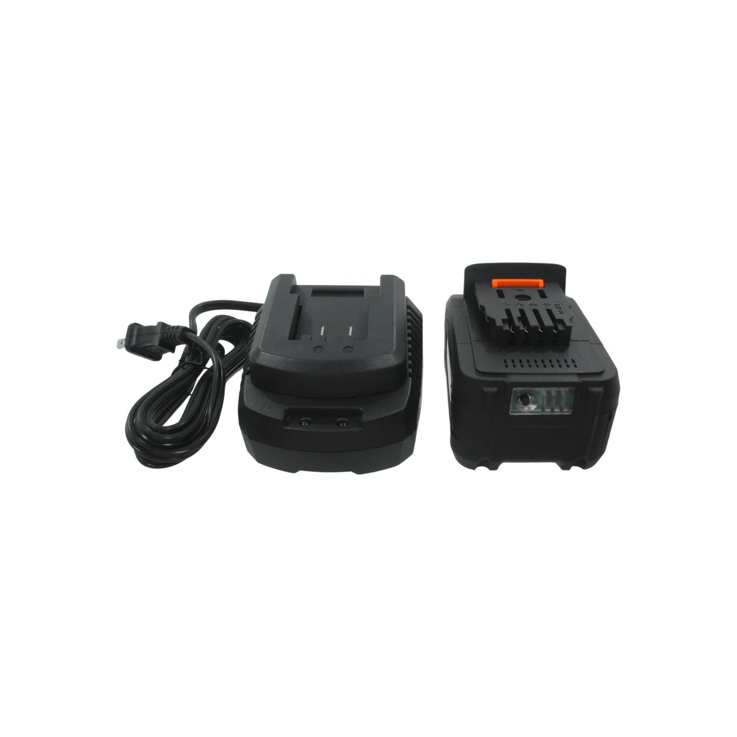 Batería recargable negra de 20V y su cargador con cable de alimentación, componentes clave para herramientas inalámbricas.