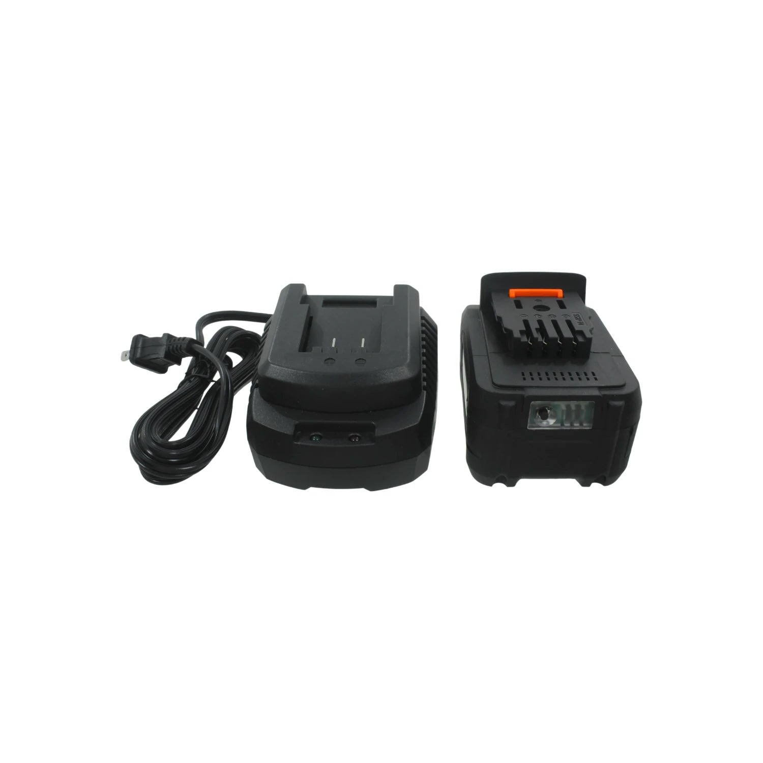 Batería recargable negra de 20V y su cargador con cable de alimentación, componentes clave para herramientas inalámbricas.