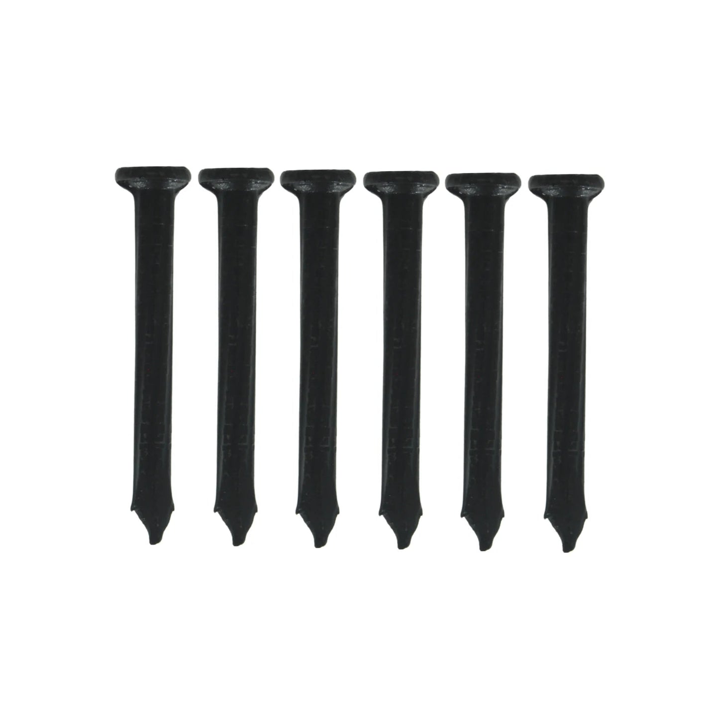 Seis clavos para concreto negros de 1 1/2" calibre 8, con cabeza plana y punta cónica, para fijación en construcción.