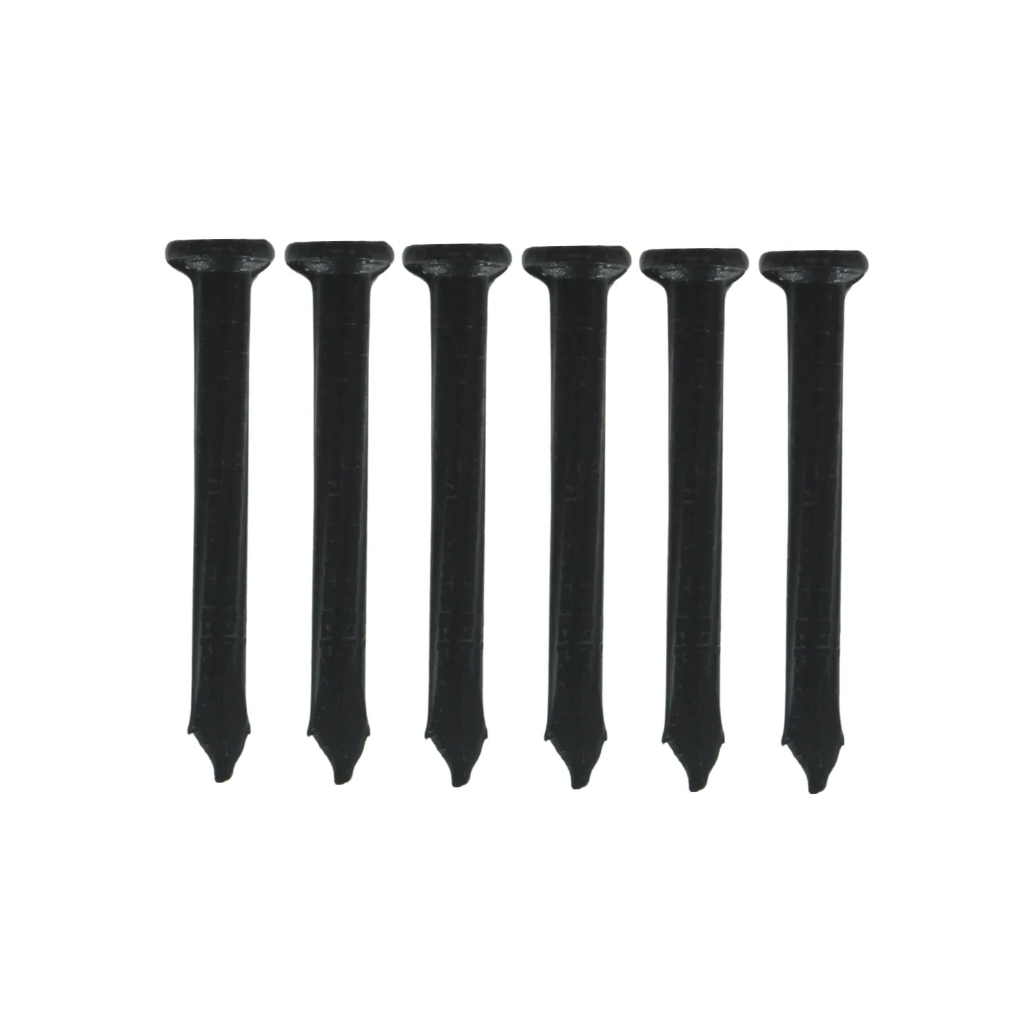 Seis clavos para concreto negros de 1 1/2" calibre 8, con cabeza plana y punta cónica, para fijación en construcción.