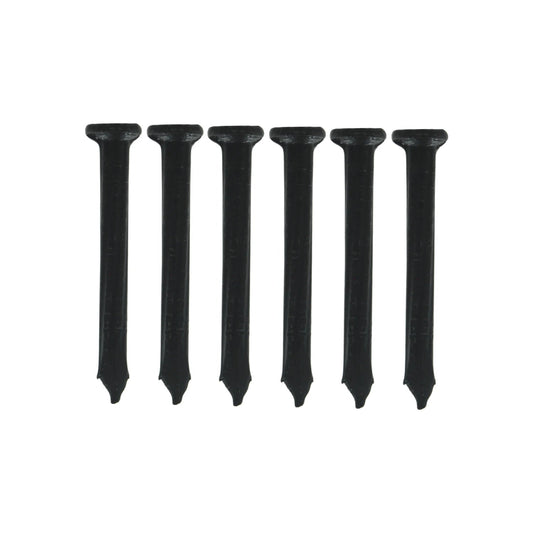 Seis clavos para concreto negros de 1 1/2" calibre 8, con cabeza plana y punta cónica, para fijación en construcción.