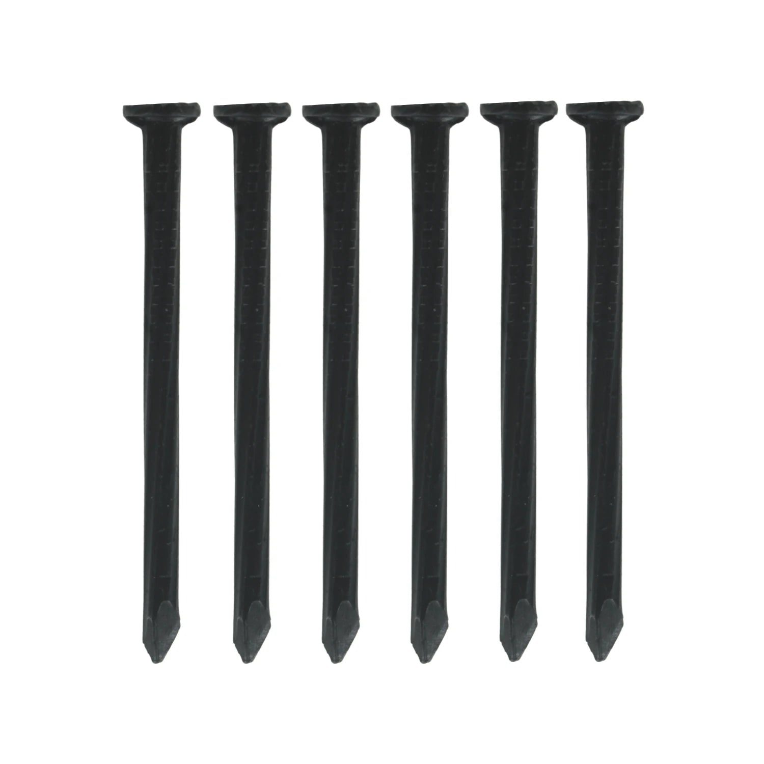 Seis clavos negros para concreto 2 1/2" calibre 8, cabeza plana y punta afilada, fijación robusta