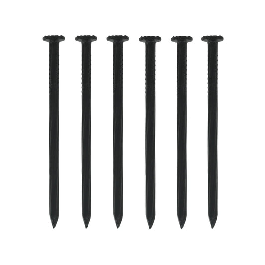 Seis clavos negros para concreto de 3 pulgadas, calibre 8, para fijación resistente en mampostería.