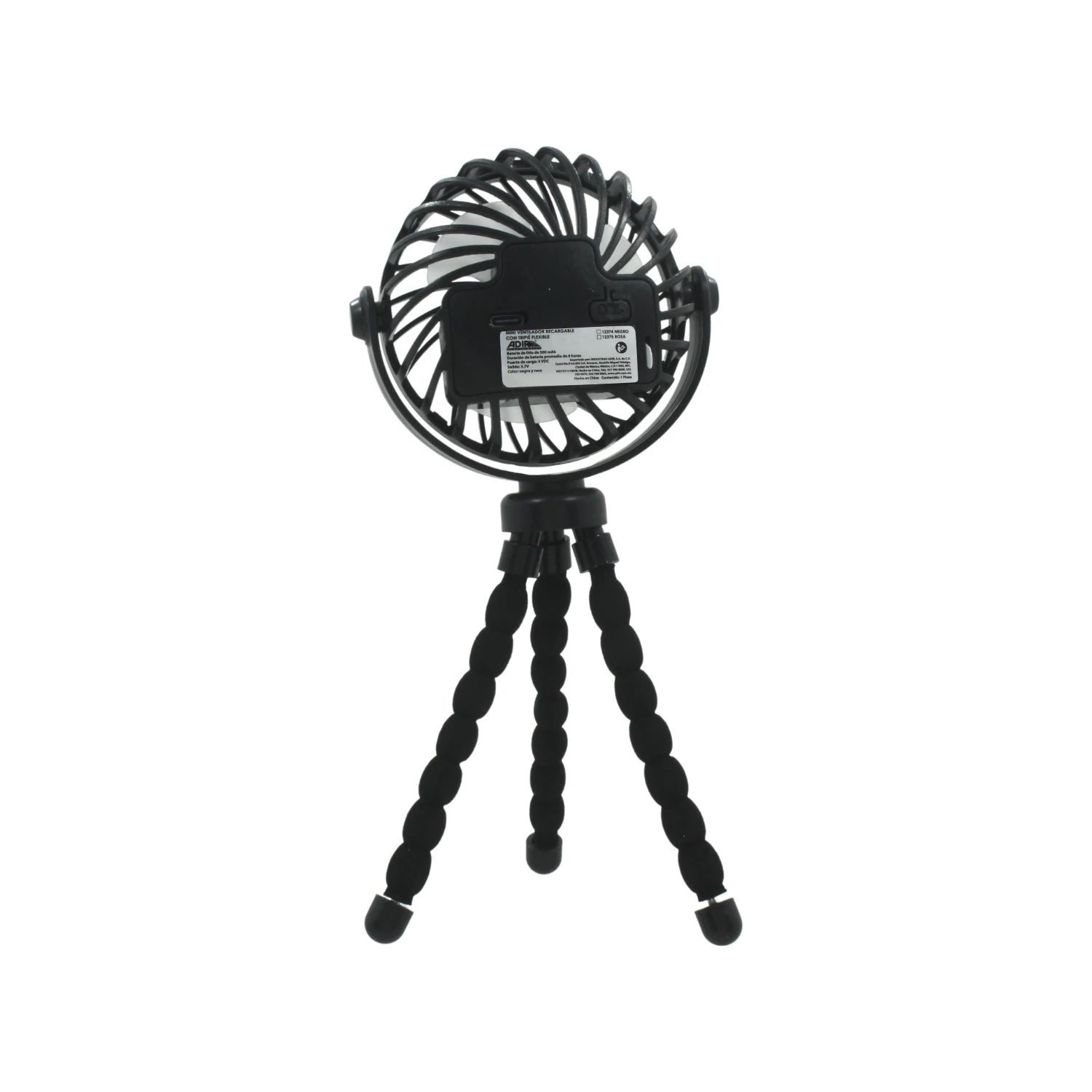 Ventilador mini portátil Adir 12374 negro recargable con trípode flexible articulado
