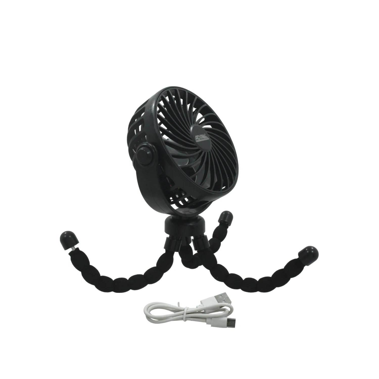 Ventilador mini portátil Adir negro con trípode flexible y cable USB para escritorio o camping.