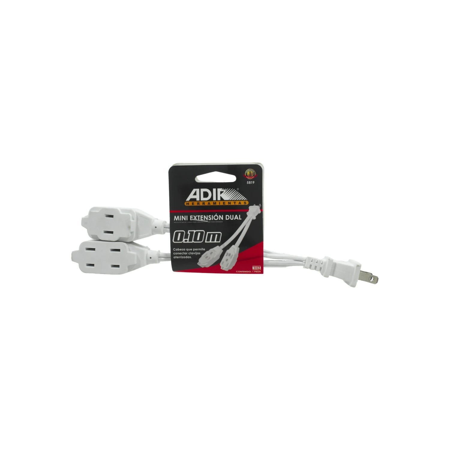 Extensión dual Adir blanca de 0.10m con doble salida, cable eléctrico corto para enchufes aterrizados