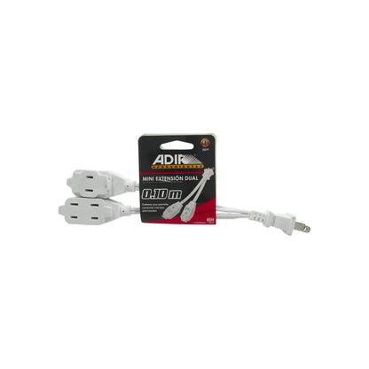 Extensión dual Adir blanca de 0.10m con doble salida, cable eléctrico corto para enchufes aterrizados