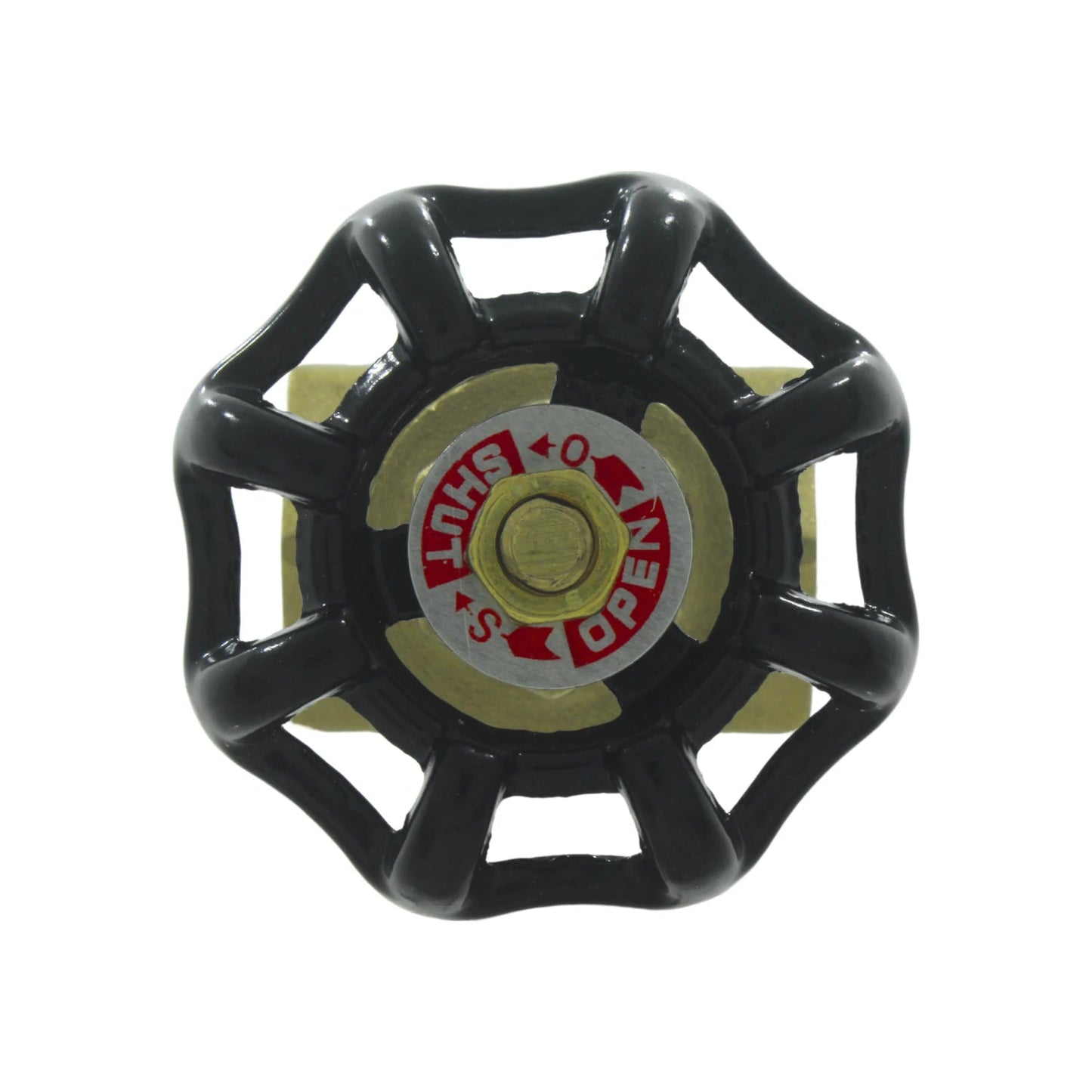 Volante de válvula de compuerta negro con indicador OPEN/SHUT rojo, ideal para control de flujo.