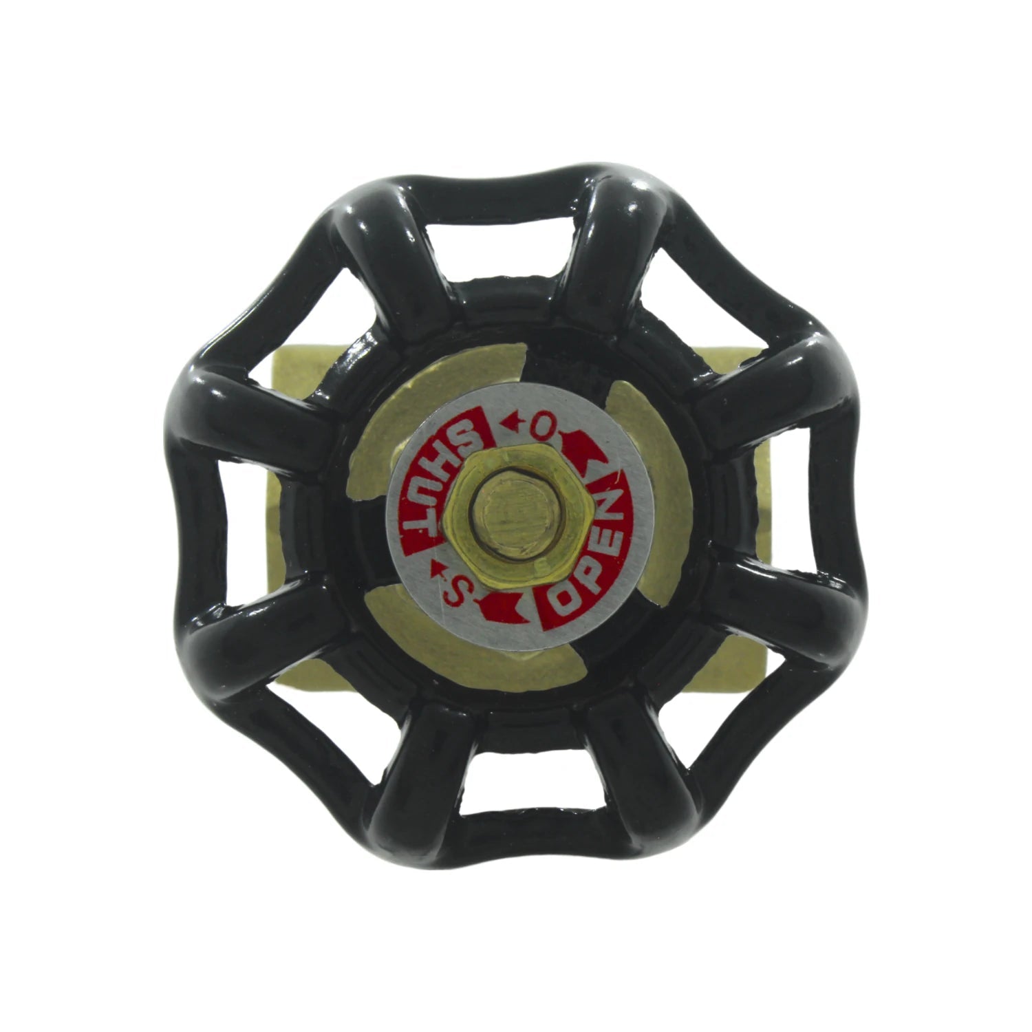 Volante de válvula de compuerta negro con indicador OPEN/SHUT rojo, ideal para control de flujo.