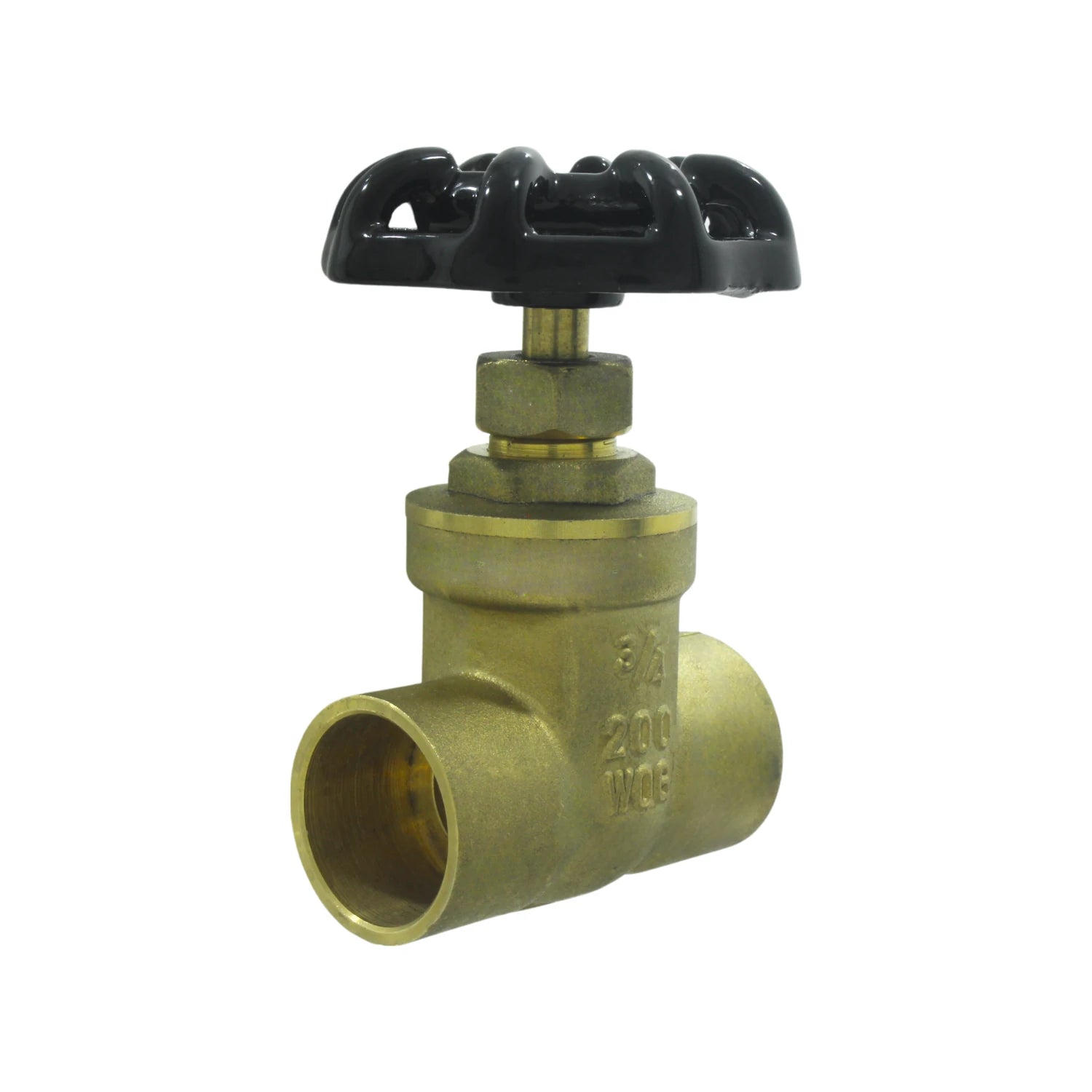 Válvula de compuerta 3/4" soldable de latón, manivela negra. Para control de flujo de agua, aceite y gas, 200 PSI.