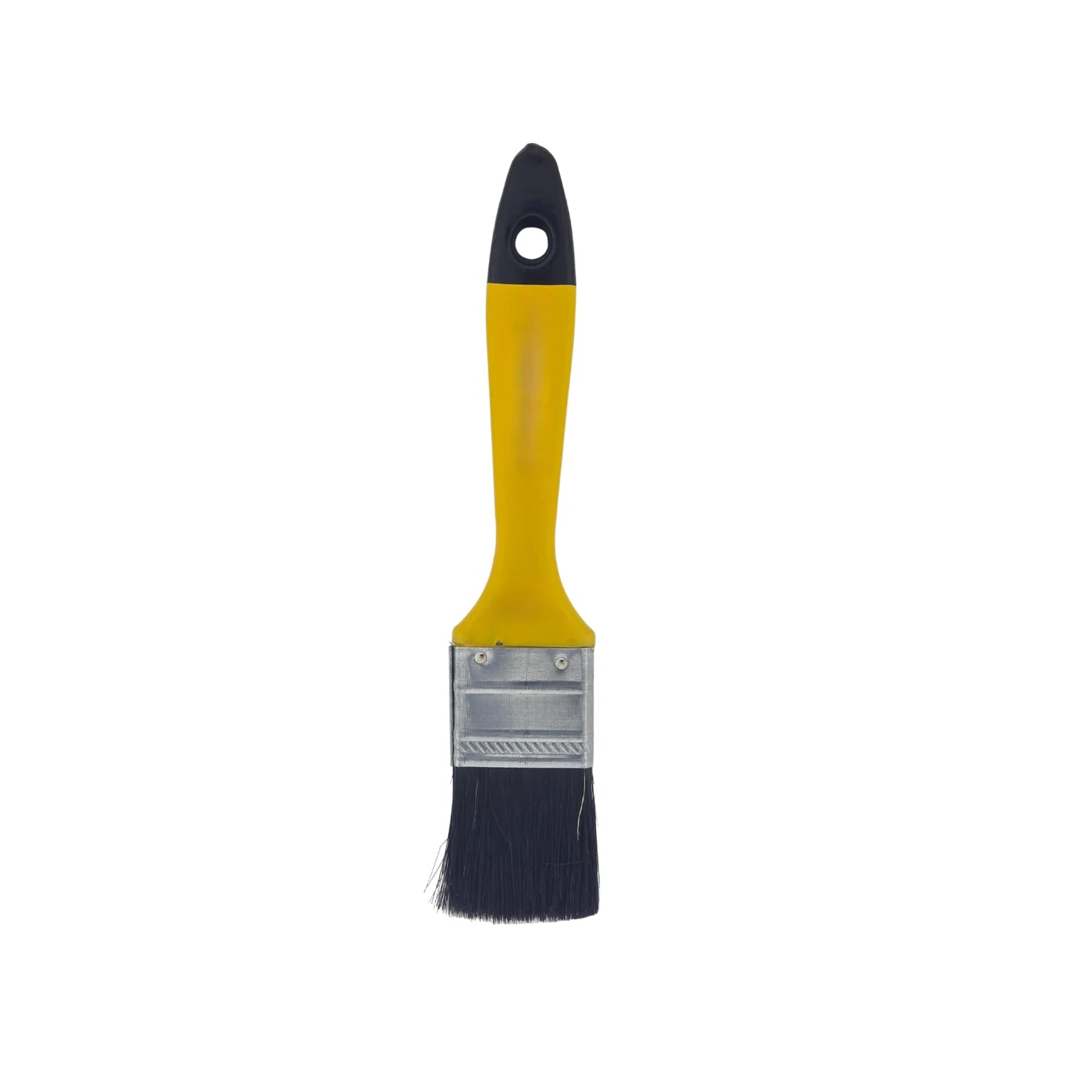 Brocha de 1 1/2 pulgadas para pintura, mango ergonómico amarillo y negro con orificio, cerdas negras.